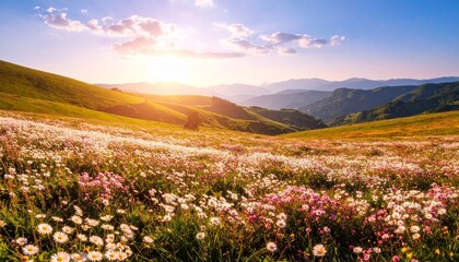 Fototapeta premium Meadow with lots of white and pink spring daisy flowers in sunny day