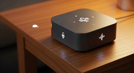Sleek voice assistant on a modern wooden table, perfect for smart home technology and innovative lifestyle marketing campaigns or technology blog visuals