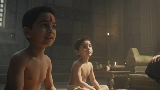 Young disciples sit attentively inside the sacred Gurukul hall, listening with devotion and focus.