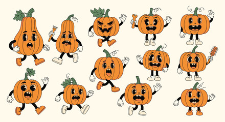 Obraz premium A collection of vintage cartoon style pumpkins dancing and having fun.