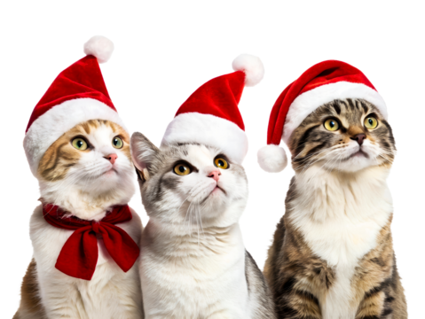 Three cats wearing Santa hats and one with a festive bow