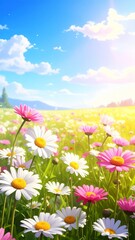 Obraz premium Meadow with lots of white and pink spring daisy flowers in sunny day
