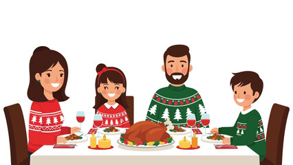 A family of four is sitting at a table enjoying a Christmas dinner with turkey and wine.