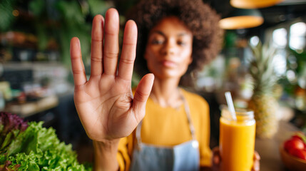 Stop junk food. Woman refusing unhealthy fast food. Healthy nutrition choice. Fresh organic fruits and vegetables juice. Clean eating lifestyle. Reject toxic food products concept.