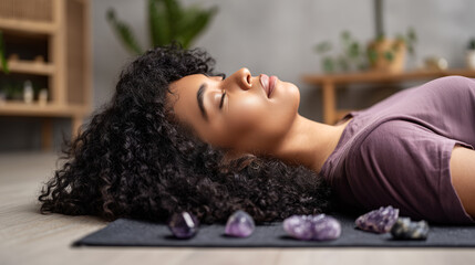 Woman relaxing with healing crystals. Amethyst stones for wellness and meditation. Spiritual therapy and holistic healing. Peaceful mindfulness practice for mental health and balance.