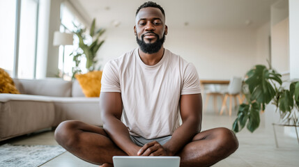 Man practicing online yoga meditation for mental health retreat. Virtual mindfulness class at home. Peaceful wellness session. Spiritual relaxation and balance practice through digital platform.