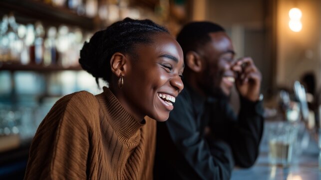 Happy woman laughing at bar with man during date or celebration. Joyful African American couple enjoying social moment in restaurant. Romance, friendship and leisure lifestyle in upscale venue. - Powered by Adobe