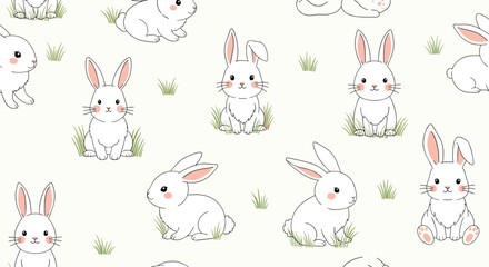 Cute little white bunnies with pink ears scattered on a light green background.