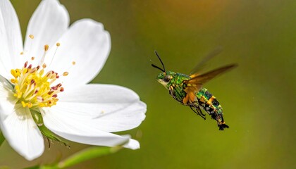 Close up of a green hummingbird moth with colorful markings hovering near a white cosmos flower with yellow center outdoors during the day