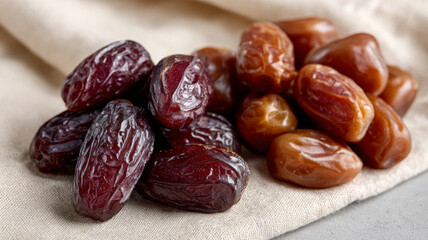Obraz premium Close-up of fresh, juicy dates on a rustic cloth.