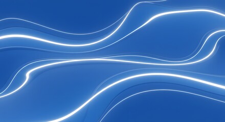 Abstract blue background with glowing white wavy lines, creating a dynamic fluid effect