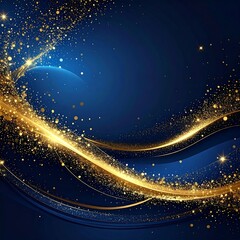 Abstract blue background with elegant golden wave trails, light burst effect
