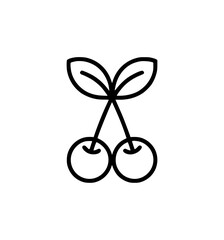 Minimalist black line drawing of two cherries with leaves