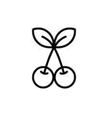 Minimalist black line drawing of two cherries with leaves