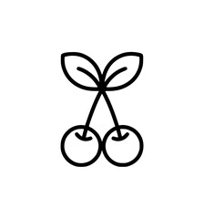 Minimalist black line drawing of two cherries with leaves