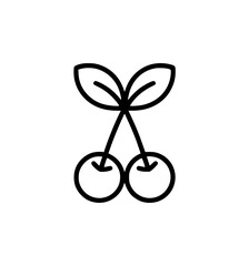 Minimalist black line drawing of two cherries with leaves