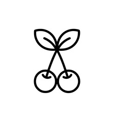 Minimalist black line drawing of two cherries with leaves