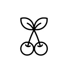 Minimalist black line drawing of two cherries with leaves