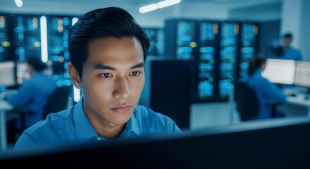 Focused male IT professional working diligently in a secure data center