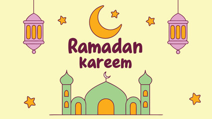 Ramadan kareem greeting with a crescent moon mosque lanterns and stars on a soft yellow background celebrating islamic holy month