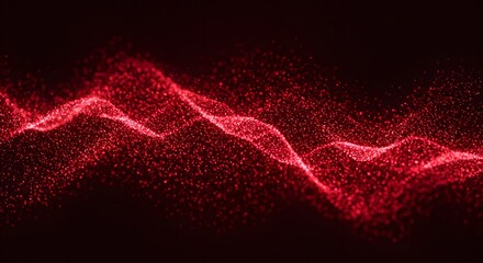 Abstract, undulating wave of red particles against a dark background, creating a flowing effect