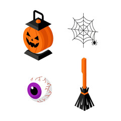 Halloween Icons Set Pumpkin Lantern Spiderweb Eyeball Broomstick.