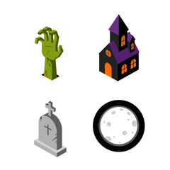 Isometric Halloween icons set with zombie hand and haunted house.