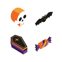 Halloween Icons Set Skull Bat Coffin Candy.