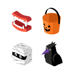 Isometric Halloween icons set with vampire teeth mummy and crow.