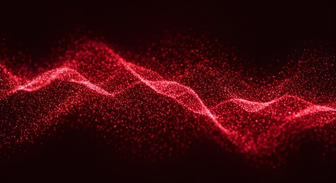 Abstract, undulating wave of red particles against a dark background, creating a flowing effect