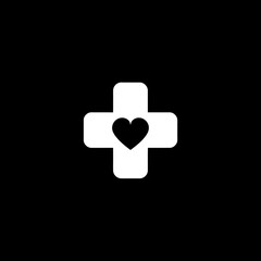 Obraz premium Medical cross with heart symbol on black background, representing healthcare, first aid, emergency services, wellness, and love for health.