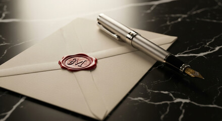 Elegant fountain pen rests on a sealed letter, inviting intrigue and anticipation - perfect for themes of communication, luxury, and classic correspondence.