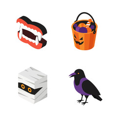 Halloween Icons Set Featuring Vampire Fangs Mummy Bucket and Crow.