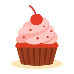 Cartoon Cupcake with Pink Swirl Frosting and Cherry on Top