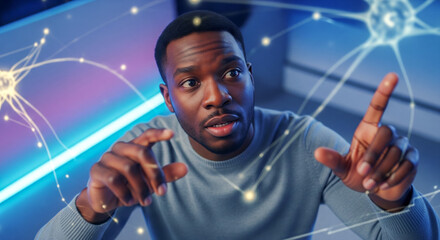 Young African American man interacting with a futuristic neural network visualization