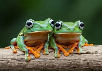 Naklejka premium Two green tree frogs with large eyes sitting on a log, closeup