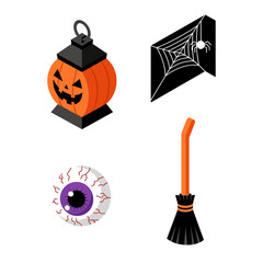 Isometric Halloween icon set with pumpkin lantern spiderweb eyeball and broomstick.
