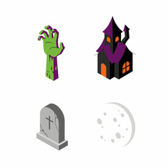 Isometric Halloween Icons - Zombie Hand, Haunted House, Tombstone, and Moon.