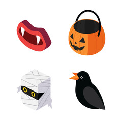 Isometric Halloween Icons - Vampire Mouth, Pumpkin Bucket, Mummy, and Crow.