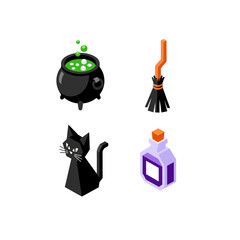 Set of isometric Halloween icons with witch attributes.