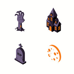 Isometric Halloween Icons - Zombie Hand, Haunted House, Tombstone, and Moon.
