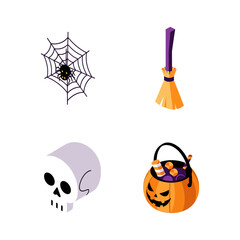 Halloween icons including spider web skull broom and candy cauldron.
