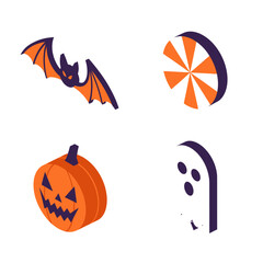 Halloween Icons Set Bat Pumpkin Ghost Candy Isometric Style.