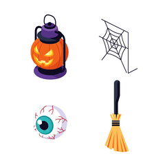 Halloween themed objects including pumpkin lantern, spider web, eyeball, and broom.