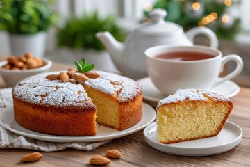 Almond cake and tea for a cozy breakfast