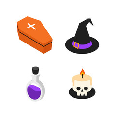 Halloween Icons - Coffin, Witch Hat, Potion, and Skull Candle.