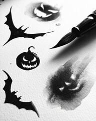 Artistic black ink brush painting of Halloween symbols including pumpkin faces and bats on white textured paper
