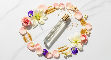 Elegant perfume bottle surrounded by delicate flower petals and shimmering gold dust on a luxurious marble surface, perfect for beauty and fragrance campaigns
