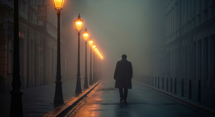 Mysterious man walking down a misty city street at night illuminated by glowing vintage street lamps creating an atmospheric urban scene
