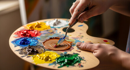 Close-up of an artist blending vibrant paints on a wooden palette with a palette knife, perfect for creative projects and artistic inspiration now
